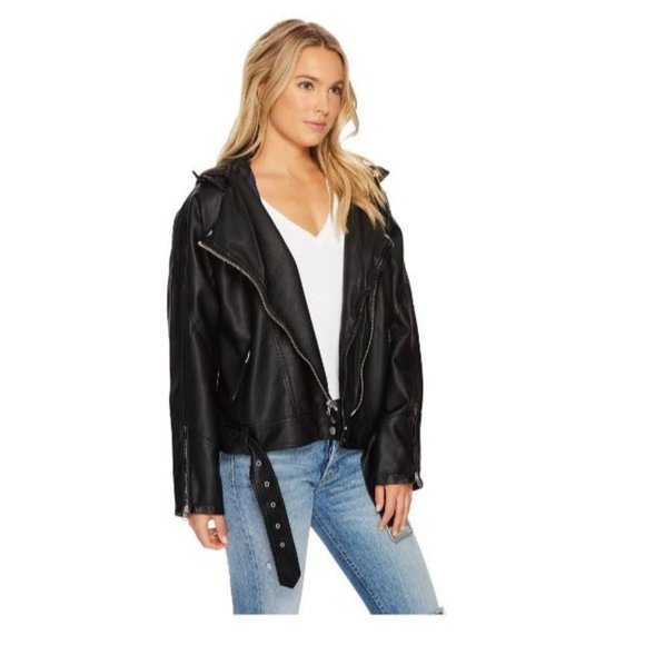Free People Vegan Leather Jacket Women's Size Medium Black Moto Hooded Coat - Picture 2 of 12